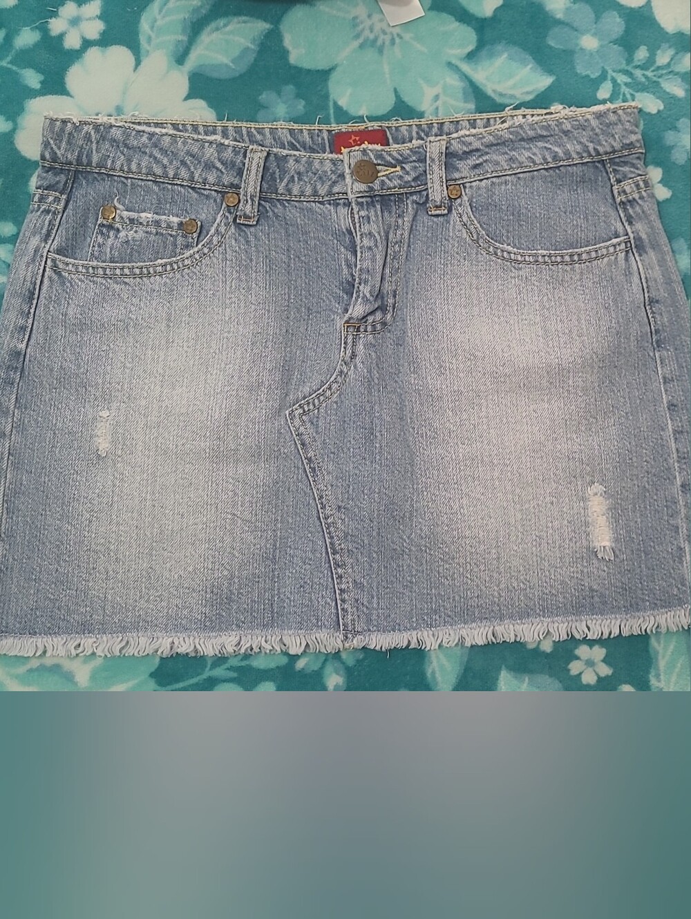 TILT Light Blue Distressed Denim Mini Skirt